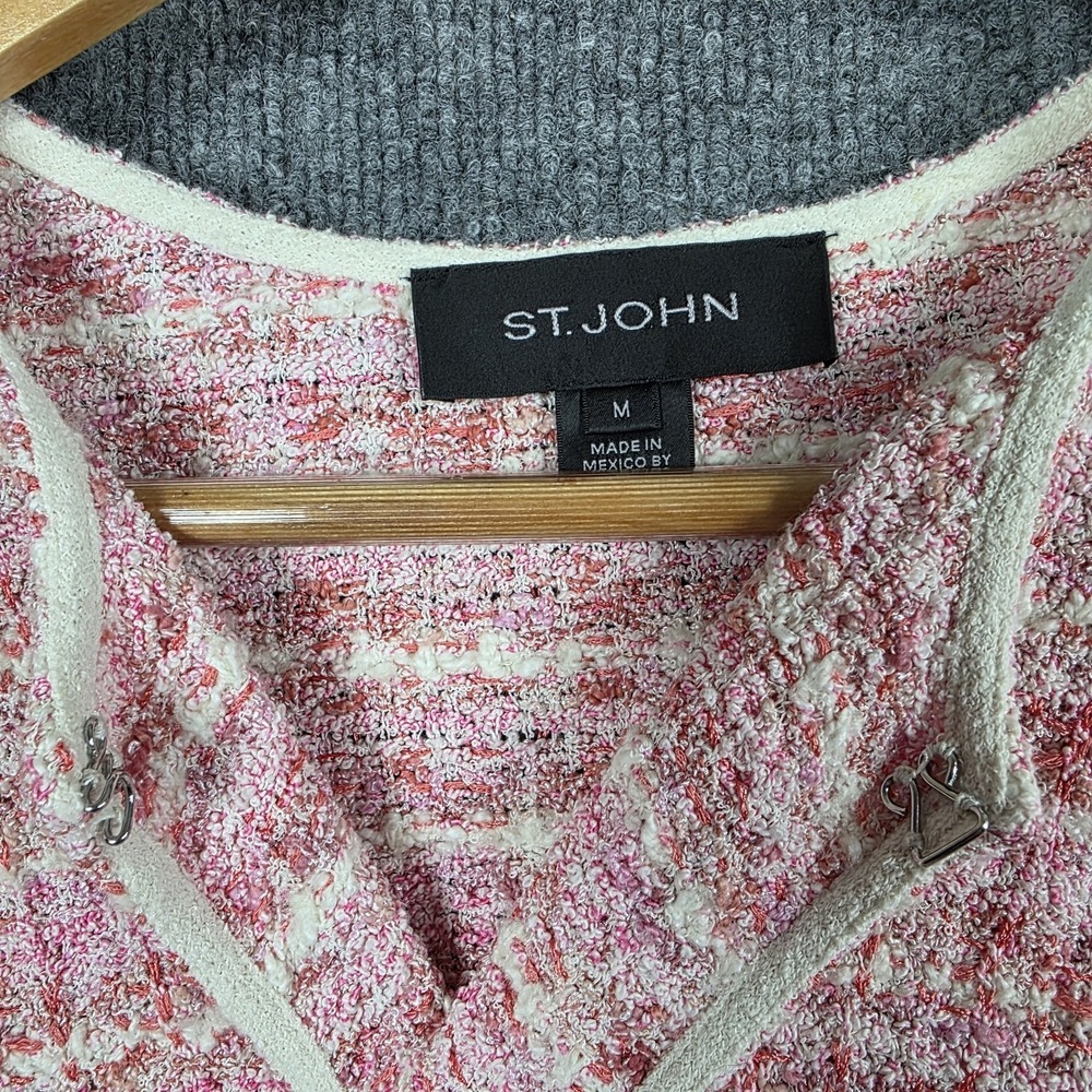 St John Jacket M Pink Tweed Knit Cardigan Duster Long Blazer Wool Blend Sweater - Picture 10 of 13
